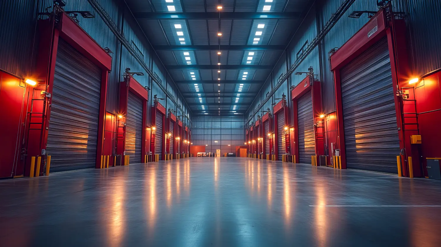 Modernes Industrielager mit hohen Decken und Rolltoren